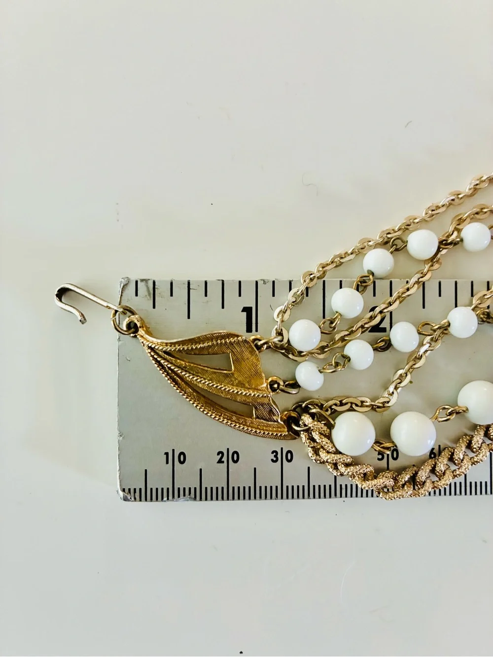 Signed Multi-Strand White Bead and Gold Chain Statement Necklace MCM Retro EUC